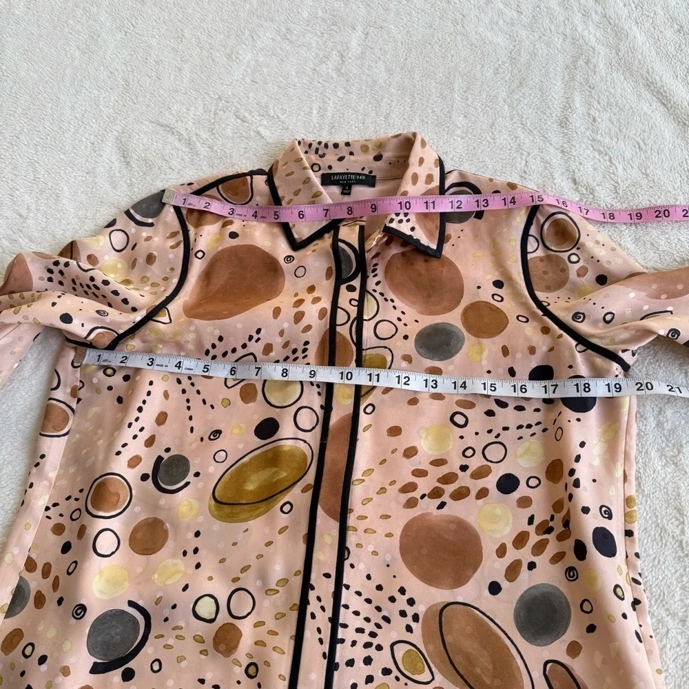 Lafayette 148 NWOT Silk Scottie Print Collar Pink Brown Long Sleeve Shirt S - Picture 6 of 11